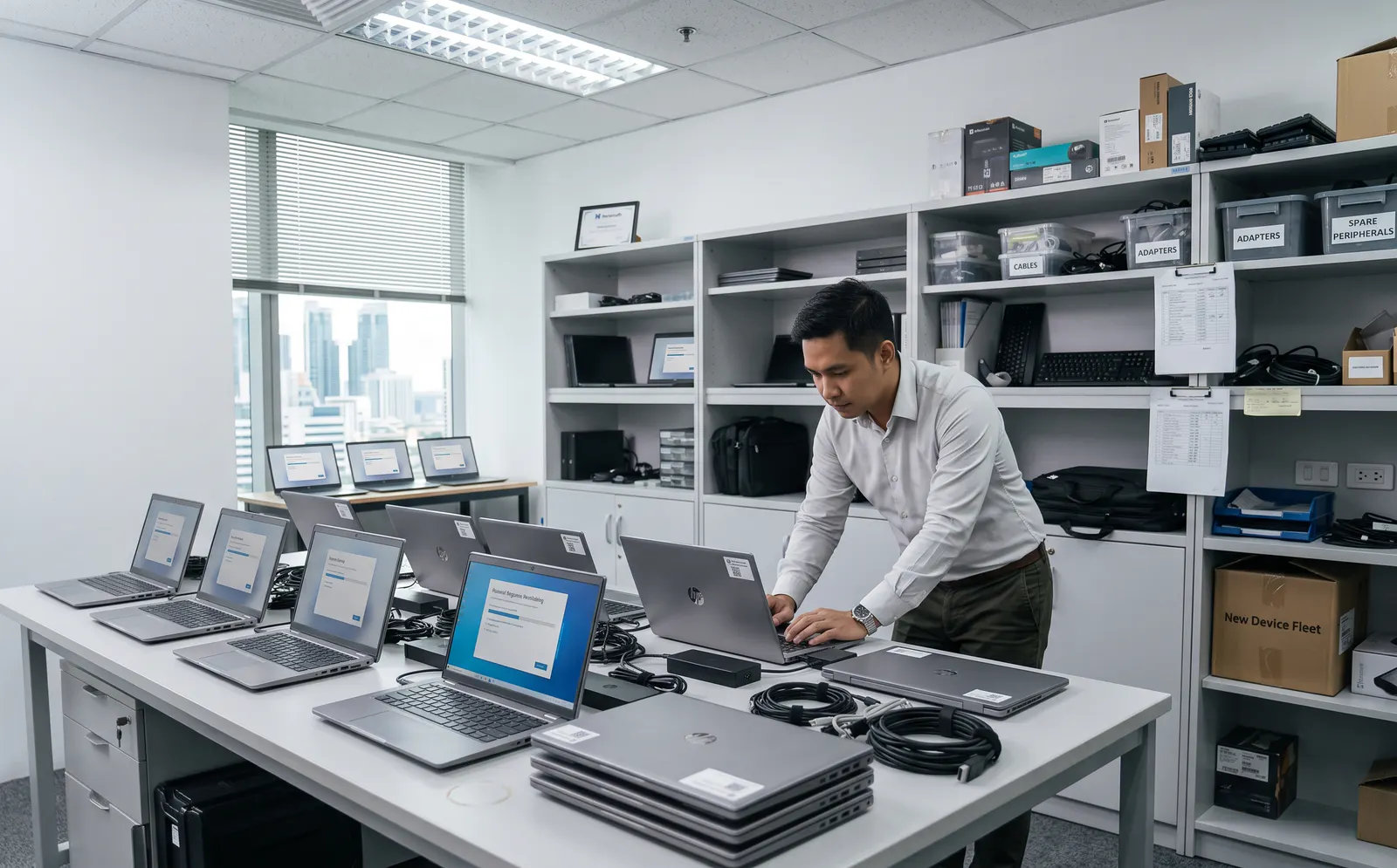 IT specialist preparing a fleet of business laptops for deployment